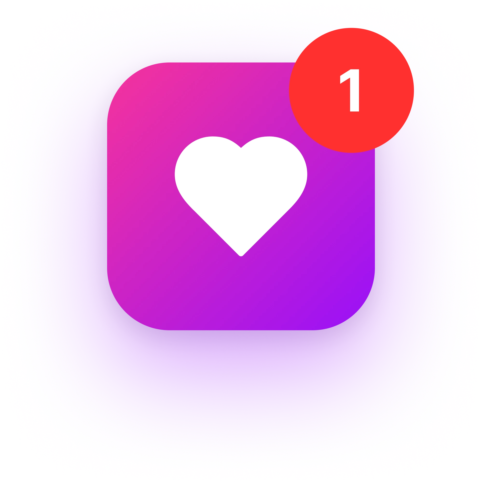Et app-ikon med rosa bakgrunn og et hvitt hjerte inni. I høyre hjørne vises det at man har en notifikasjon.