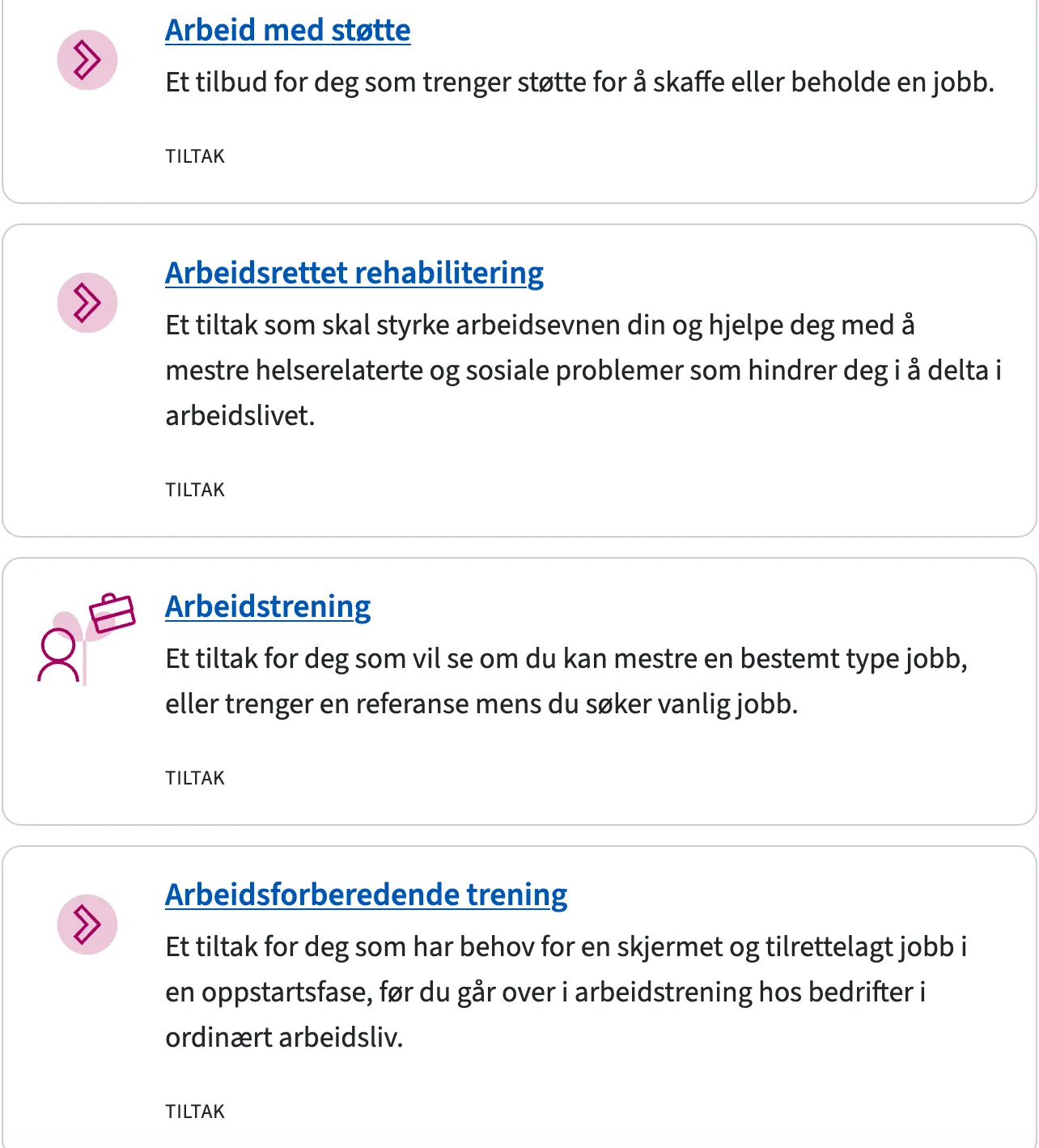 Skjermbilde fra nav.no som viser tiltakene Arbeid med støtte, Arbeidsrettet rehabilitering, Arbeidstrening og Arbeidsforberedende trening, som har like navn og kan forveksles