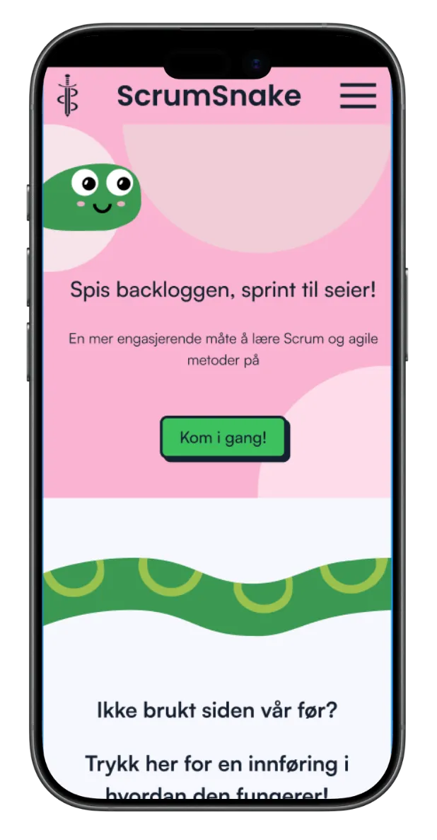 Designvisning av hjem-skjermen i appen ScrumSnake