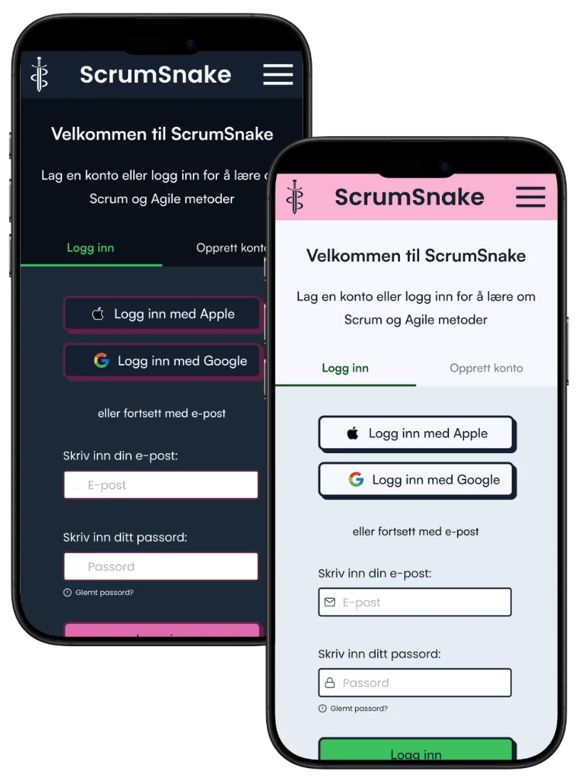 Login-skjermen i ScrumSnake vist i lys og mørk modus