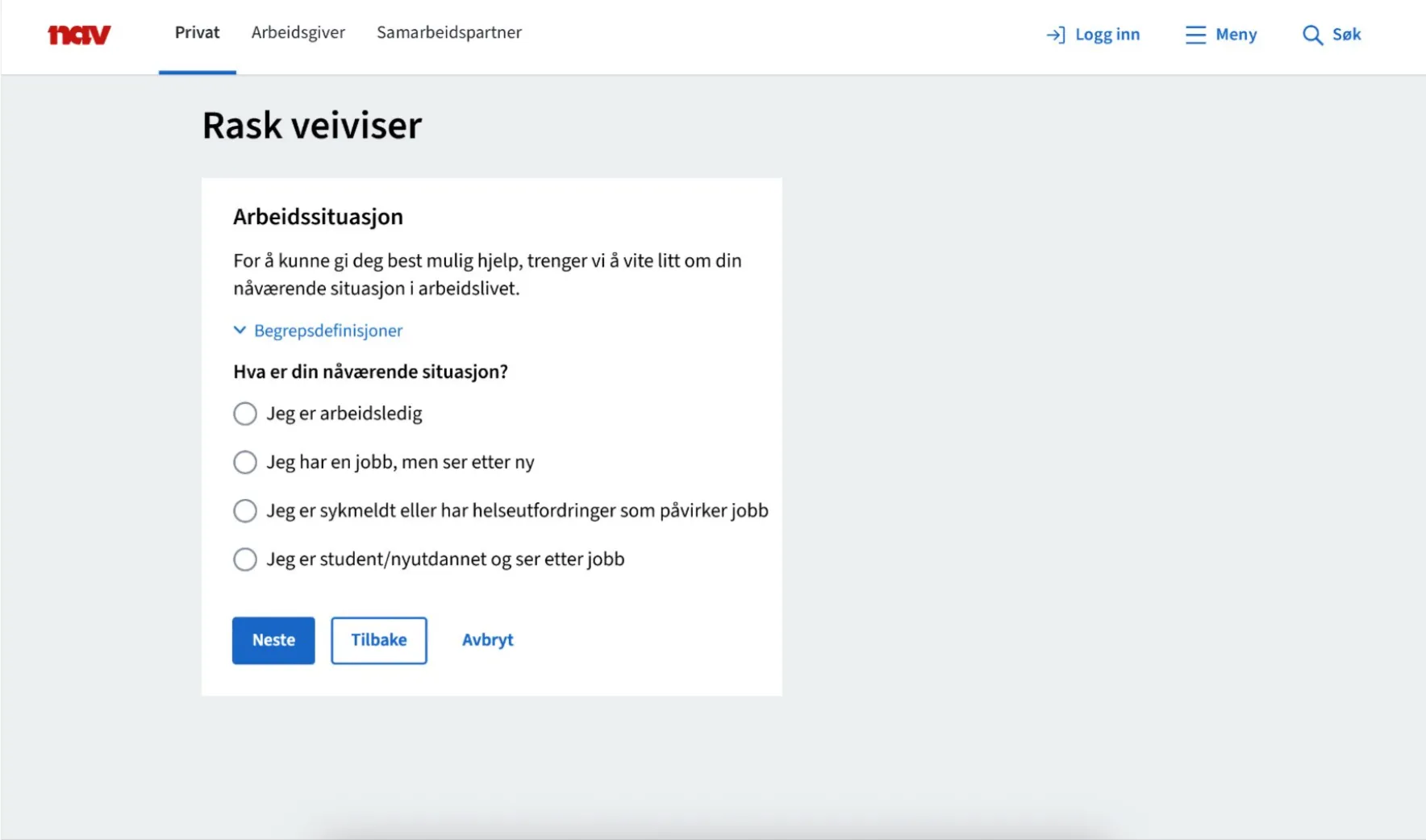 Grensesnittet for veiviseren der brukeren svarer på spørsmål for å bli veiledet til passende tjenester